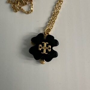 Tory Burch Black and Gold Floral Pendant Necklace
